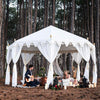 White bohemian pavilion marquee in an octagonal shape for elopements, proposals and weddings and engagements for hire from exotic soirees on the gold coast