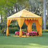 Luxury 3x3 metre striking saffron coloured marquee with hand blocked designs for hire, Indian moroccan tipi bollywood for events and parties