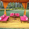Luxury 3x3 metre striking saffron coloured marquee with hand blocked designs for hire,showing Indian moroccan furniture tipi bollywood for events and parties