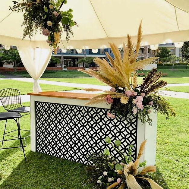 elegant timber service bar setting for hire gold coast and brisbane for bohemian weddings and parties