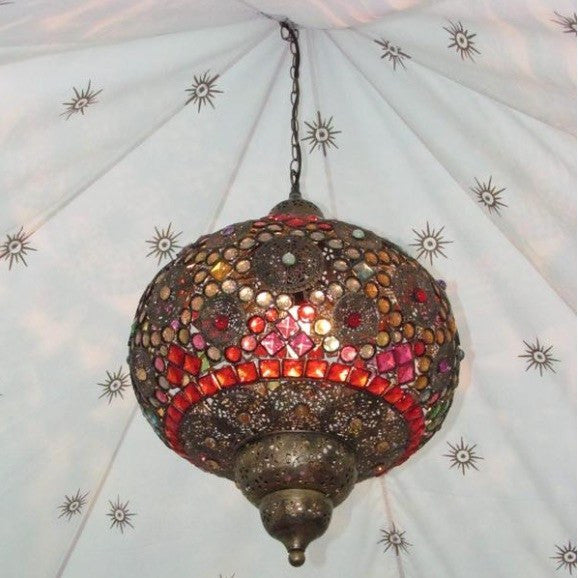 colourful beaded moroccan indian arabian pendant lamp in a vintage brass finish available to hire from exotic soirees luxury marquee hire on the gold coast for glamorous parties and events
